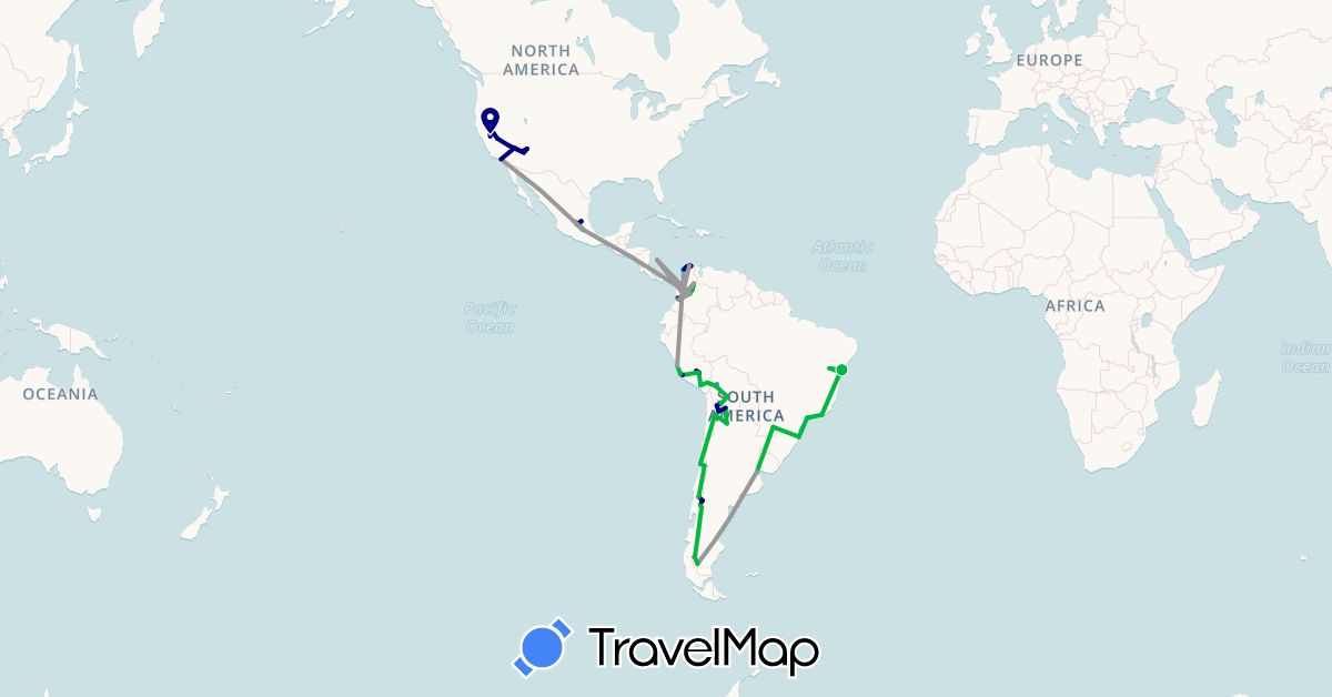 TravelMap itinerary: driving, bus, plane, cycling, hiking, boat, motorbike in Argentina, Bolivia, Brazil, Chile, Colombia, Mexico, Peru, United States (North America, South America)